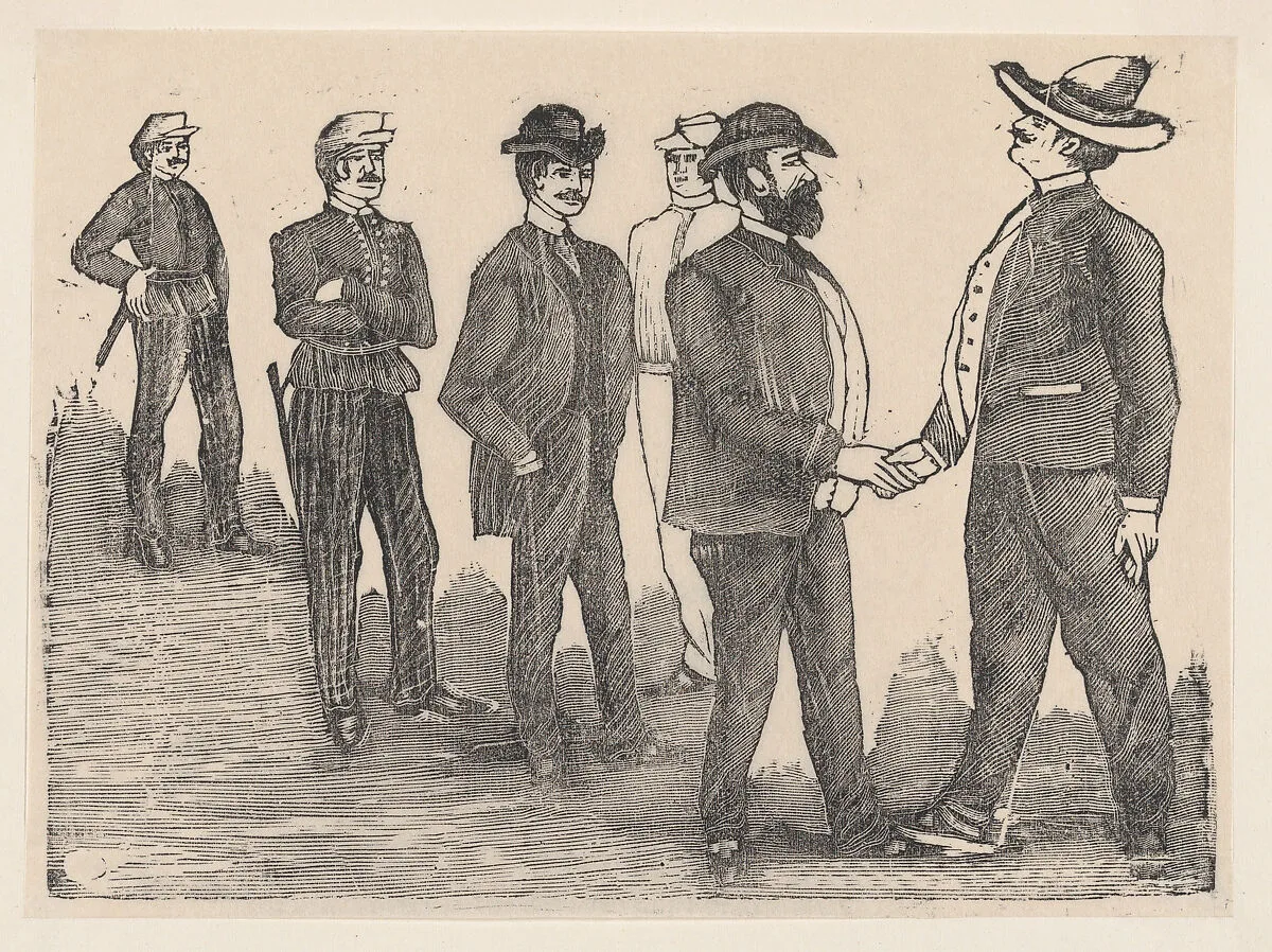 Two men shaking hands in the foreground and officers watching them in the background — José Guadalupe Posada