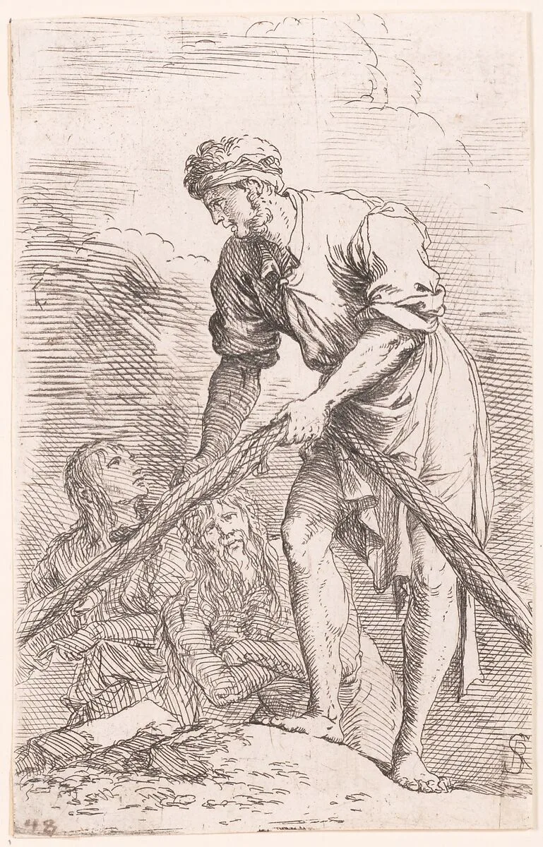 A man pulling a net with two figures behind him, from "Figurine" — Salvator Rosa