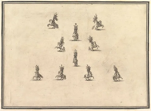 Four riders in a row at bottom, five riders forming a V above and another rider in the center, from 'La gara delle Stagioni'