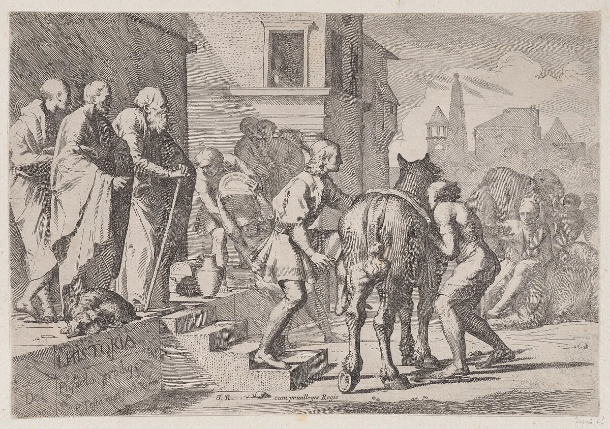 The departure of the prodigal son, shown at about to mount his horse, from a series of four prints — Pietro Testa