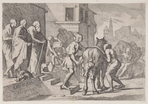 The departure of the prodigal son, shown at about to mount his horse, from a series of four prints