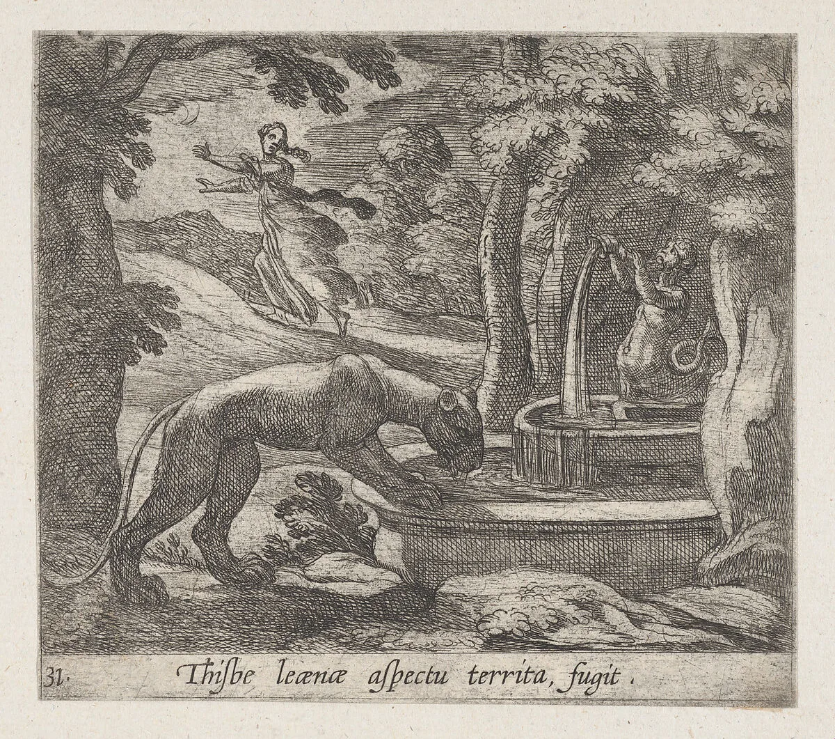 Plate 31: Thisbe Running from the Lionness at the Well (Thisbe leaenae spectu territa fugit), from Ovid's 'Metamorphoses' — Antonio Tempesta