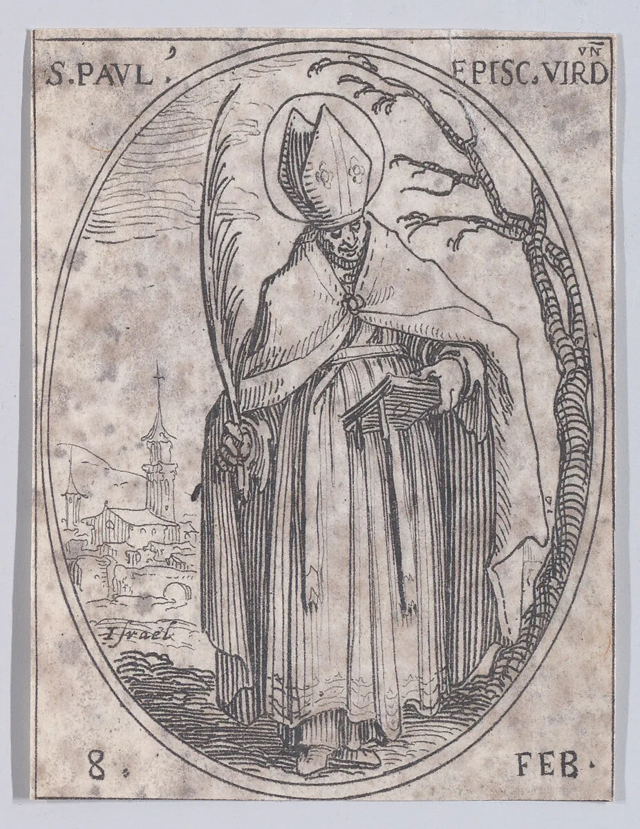 S. Paul, évêque de Verdun (St. Paul, Bishop of Verdun), February 8th, from "Les Images De Tous Les Saincts et Saintes de L'Année" (Images of All of the Saints and Feast Days of the Year) — Jacques Callot|Israël Henriet