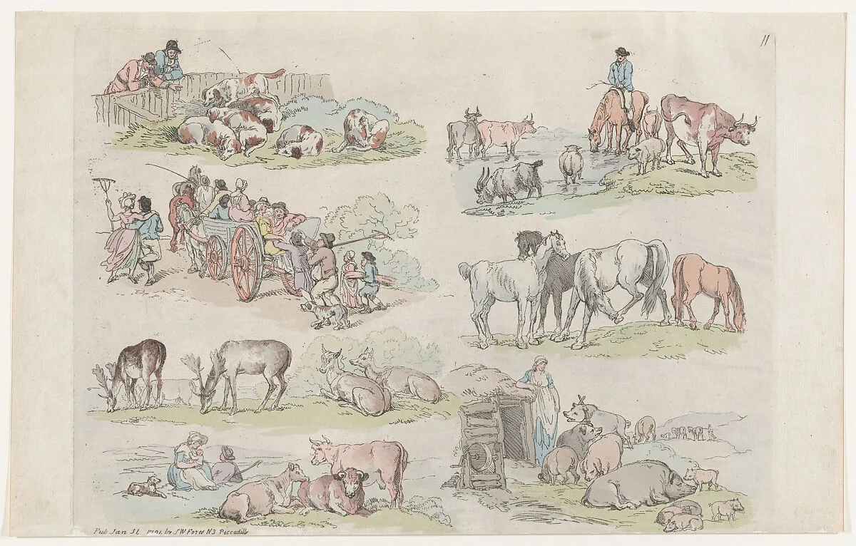 Plate 11, Outlines of Figures, Landscapes and Cattle...for the Use of Learners — Thomas Rowlandson|S. W. Fores