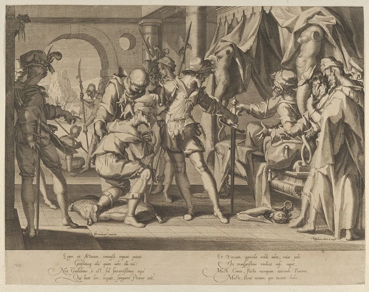 Count William III of Holland Permitting the Beheading of his Baliff, from Thronus Justitiae, tredecim pulcherrimus tabulis..., plate 7 — Joachim Wtewael|Willem van Swanenburg|Christoffel van Sichem I