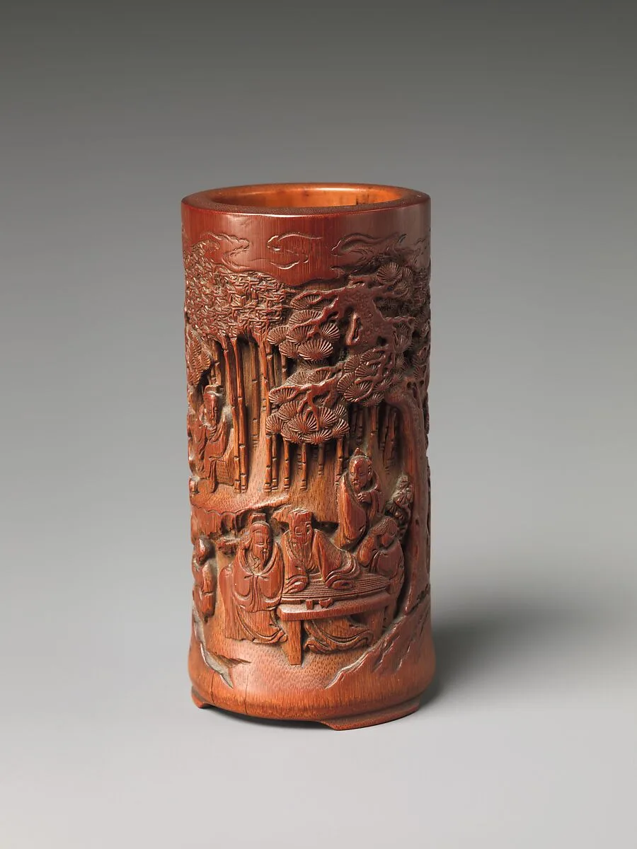 清中期 竹刻高士圖筆筒|Brush holder with scholars in a garden — Unknown