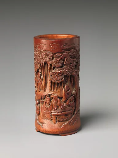 清中期 竹刻高士圖筆筒|Brush holder with scholars in a garden