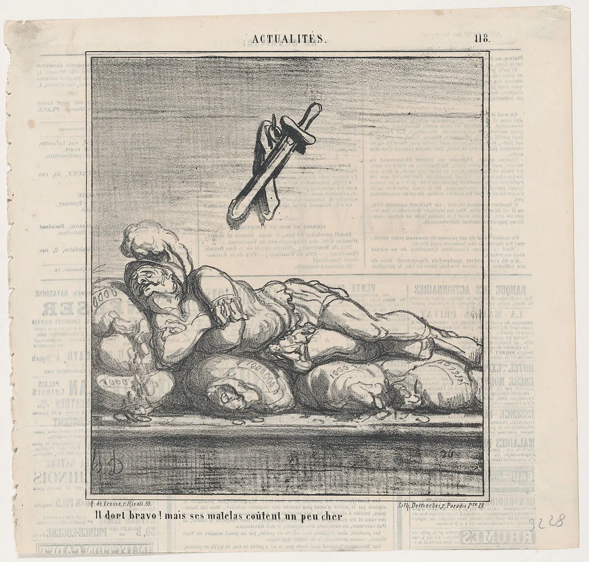 Bravo, he is asleep, but his mattress is a bit expensive, from 'News of the day,' published in Le Charivari, March 26, 1868 — Honoré Daumier|Destouches|Arnaud de Vresse