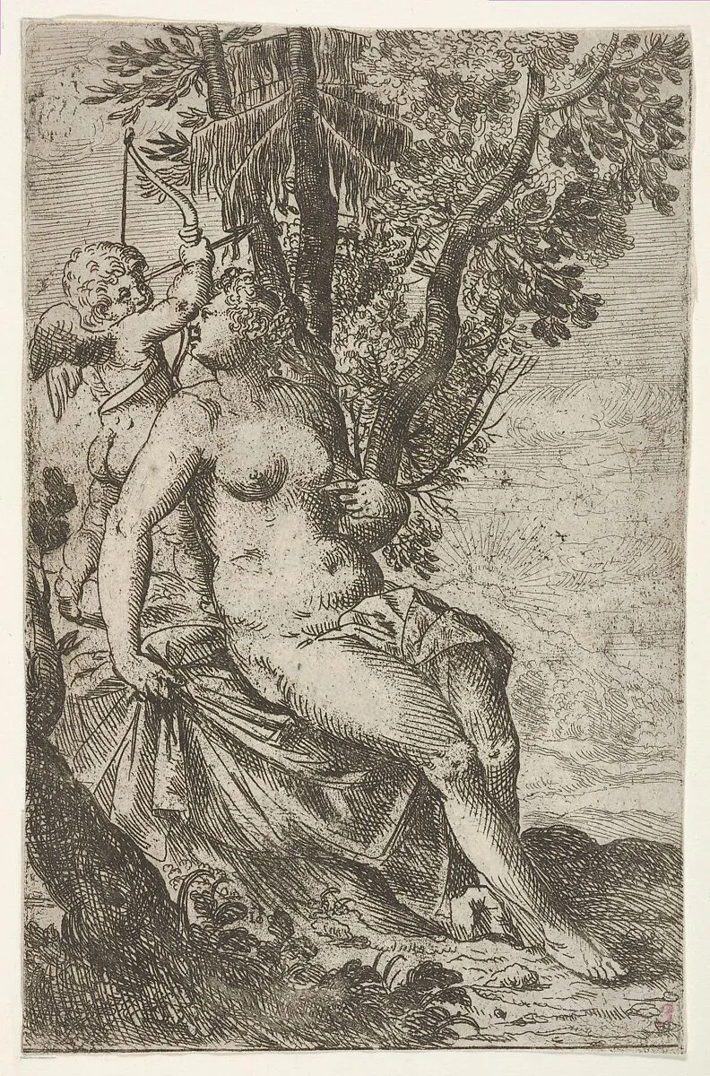 Cupid prepares to shoot an arrow as Venus looks over her right shoulder, from "Sport of Love" (Scherzi d'amore) — Odoardo Fialetti
