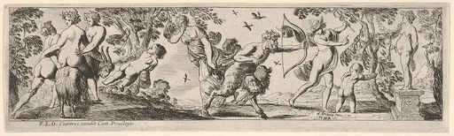 Composition of figures arranged in a landscape foreground before a statue of a female goddess, at left two nude figures support a nude woman riding a goat led by a putto, at center a draped woman holds one finger to her eye behind a satyr holding a bow, at right Mercury twists away from the satyr, from a series of twelve frieze-like designs showing bacchanals, sacrifices, and dances