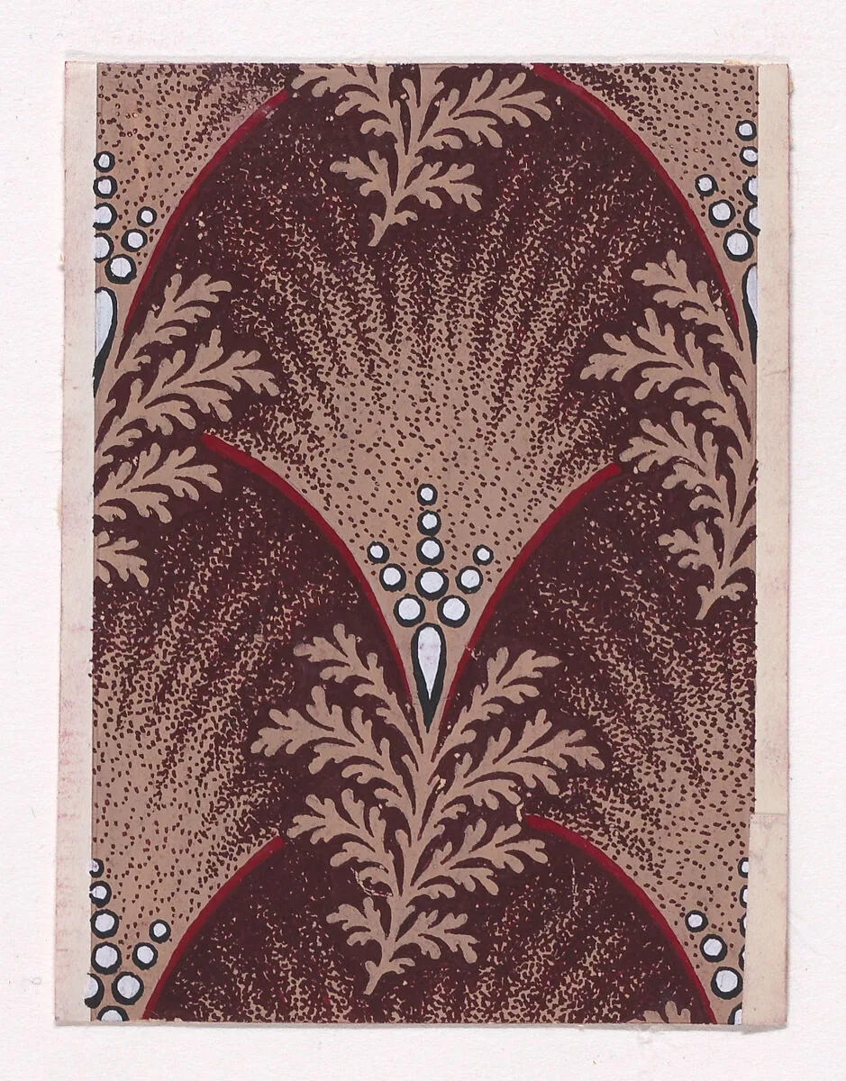 Textile Design with Alternating Palmettes Decorated with Pearls Flanked by Bundles of Leaves — Anonymous, Alsatian, 19th century