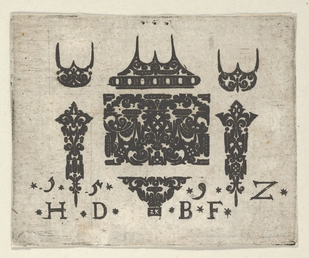 Blackwork Print with a Horizontal Panel and Six Small Motifs — Hans de Bull