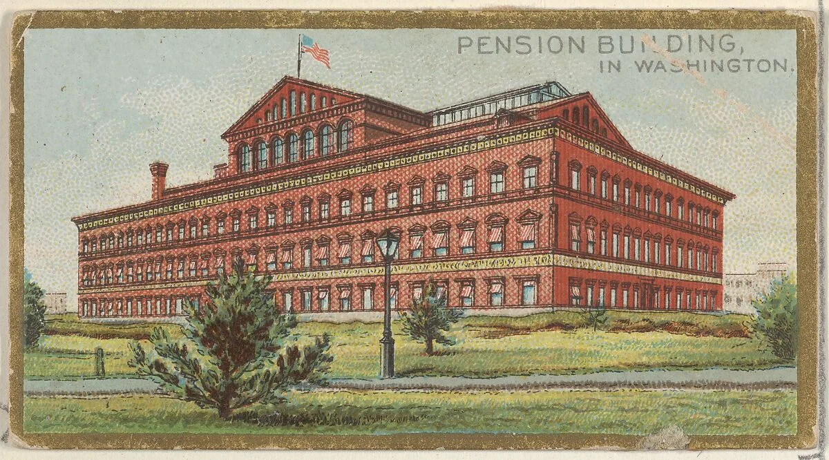 Pension Building in Washington, from the General Government and State Capitol Buildings series (N14) for Allen & Ginter Cigarettes Brands — Allen & Ginter|The Gast Lithograph & Engraving Company