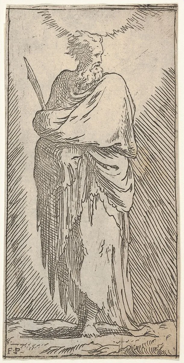 St. Bartholomew, standing in frontal view with head facing to right and holding martyr's palm with both arms, from the series "Christ and the Twelve Apostles" — Parmigianino (Girolamo Francesco Maria Mazzola)|Master F. P.