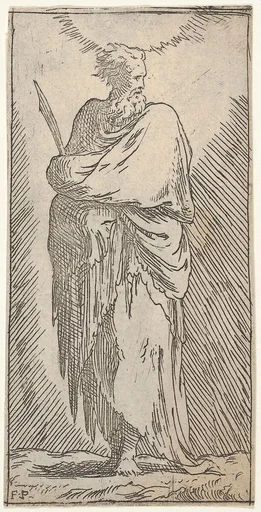 St. Bartholomew, standing in frontal view with head facing to right and holding martyr's palm with both arms, from the series "Christ and the Twelve Apostles"