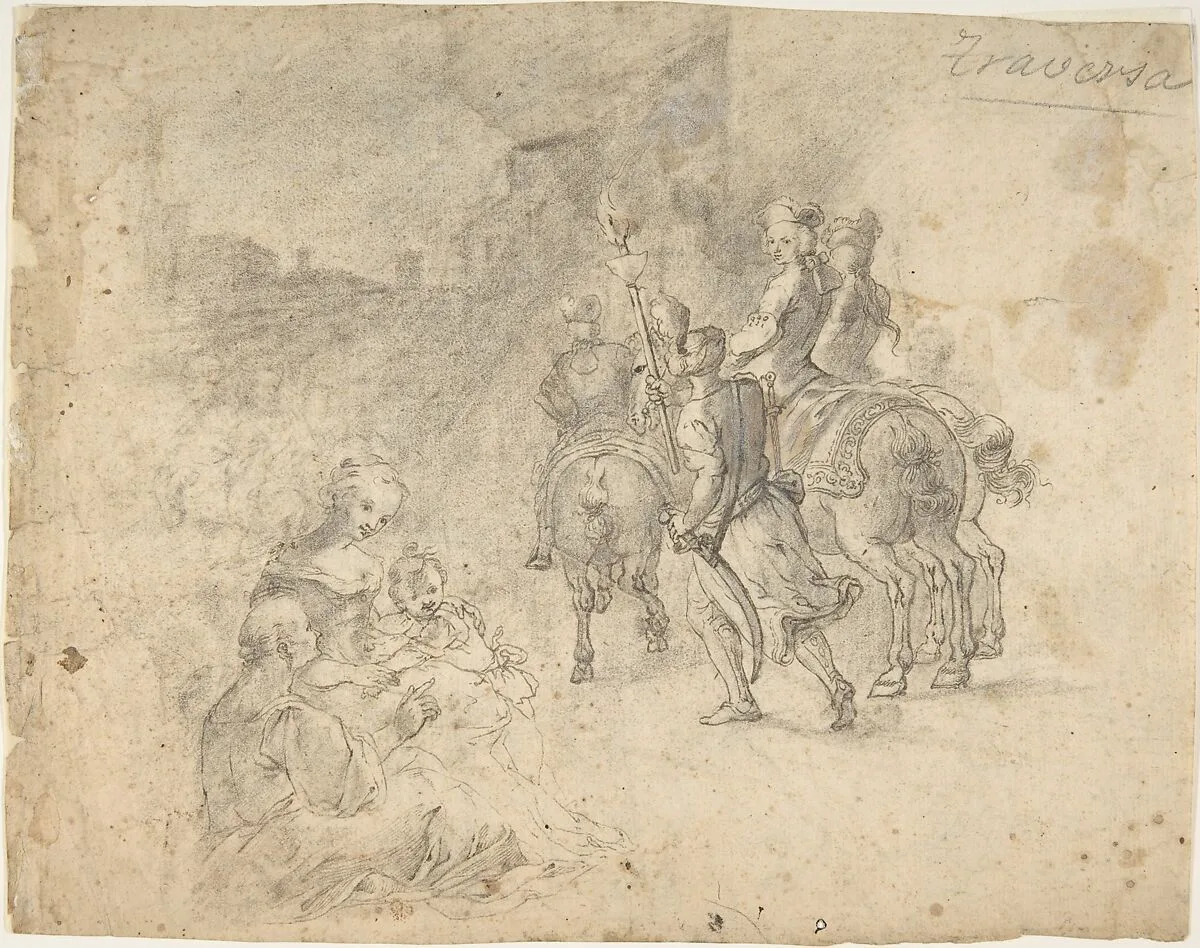 Military Cavaliers Entering Town Accompanied by a Turbaned Torch-bearer. In the foreground: Two Seated Women and a Child (recto); Several Cooks, and Two Pages with a Platter in a Kitchen Yard (verso) — Corrado Giaquinto
