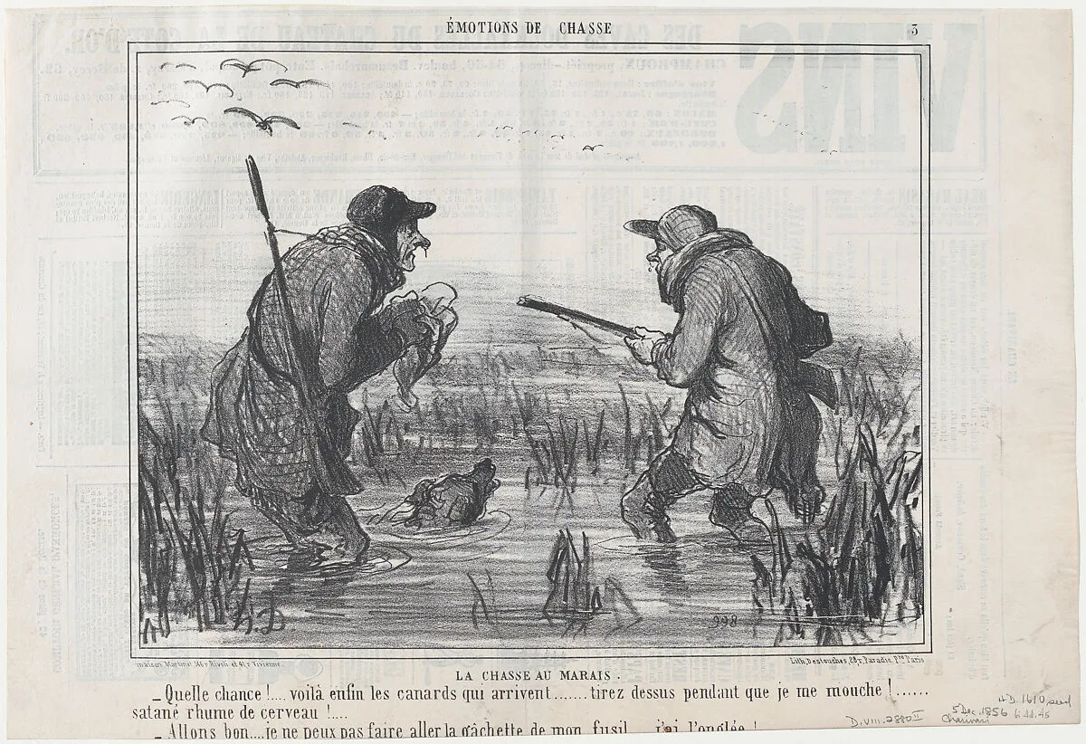 Le Chasse au Marais –Quelle Chance!..., from Émotions de Chasse, published in Le Charivari, December 5, 1856 — Aaron Martinet|Honoré Daumier|Destouches
