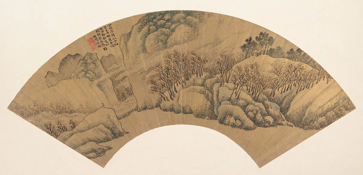 明 吳彬 翠壁丹楓 扇|Azure Cliff with Red Maples — Wu Bin