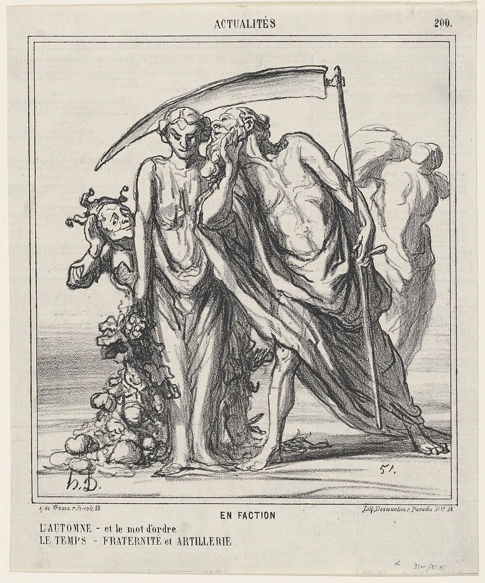 On Sentry Duty: Autumn –and the password? Time–Fraternity and artillery, from 'News of the day,' published in Le Charivari, September 30, 1867 — Arnaud de Vresse|Honoré Daumier|Destouches