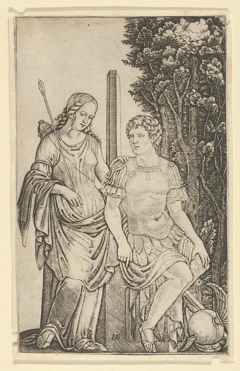 Venus standing at left resting her hand on the shoulder of Aeneas seated at right — Marcantonio Raimondi