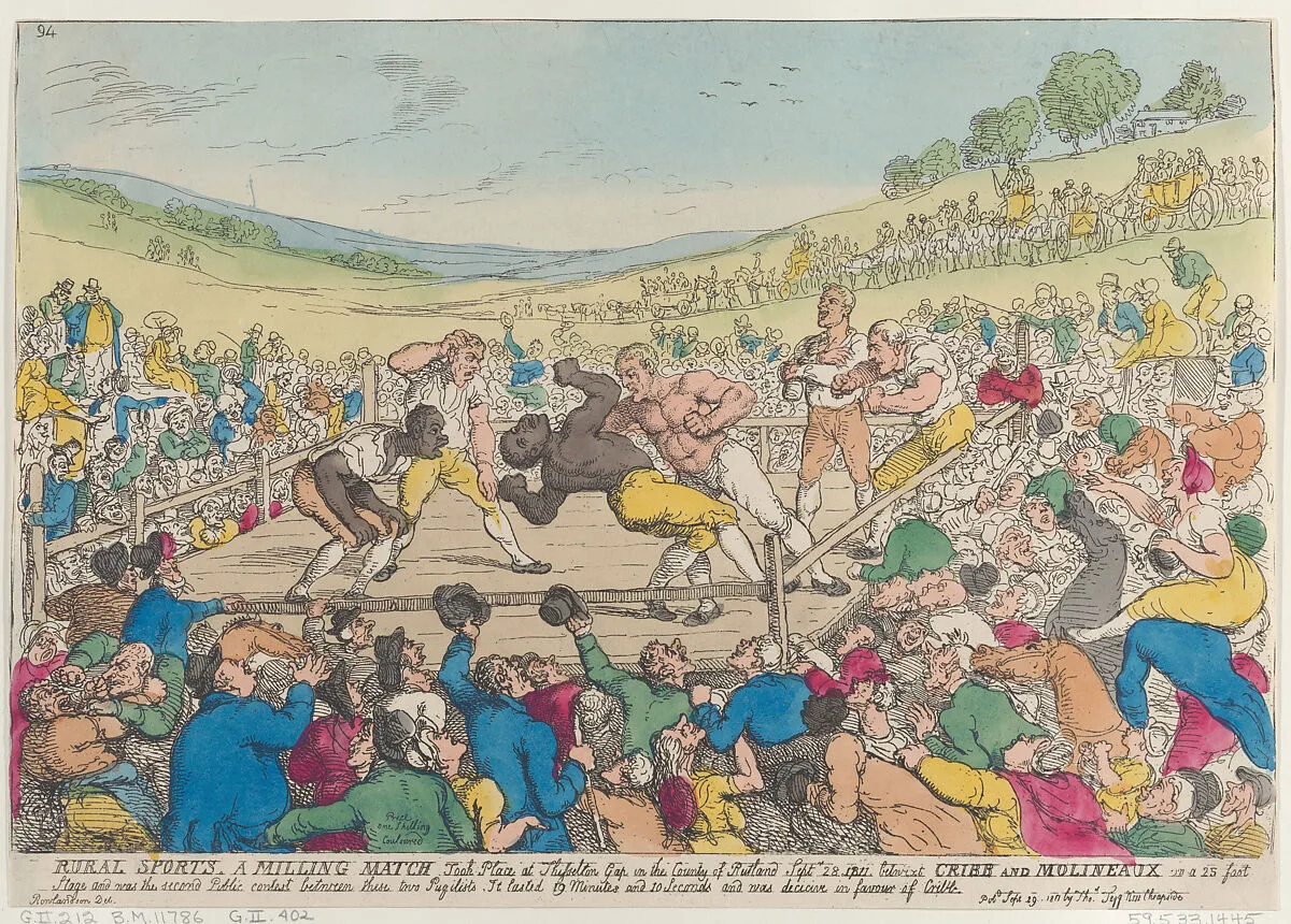 Rural Sports, A Milling Match — Thomas Tegg|Bill Richmond, "The Black Terror"|Thomas Rowlandson|Thomas Cribb|Tom Molineaux|Bill Gibbons|Joe Ward|John Gully