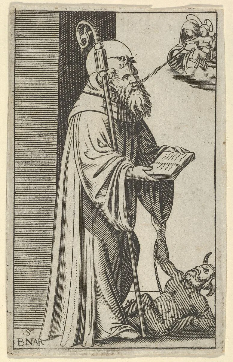 Saint Bernard standing holding an open book, a chained dragon at the lower right, from the series 'Piccoli Santi' (Small Saints) — Marcantonio Raimondi