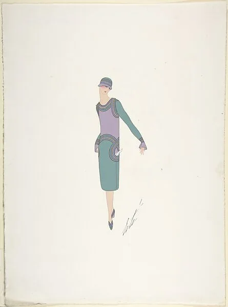 Design for Davidow, New York: Dress, Hat and Shoes in Soft Green, Lavender and Blue — Erté (Romain de Tirtoff)
