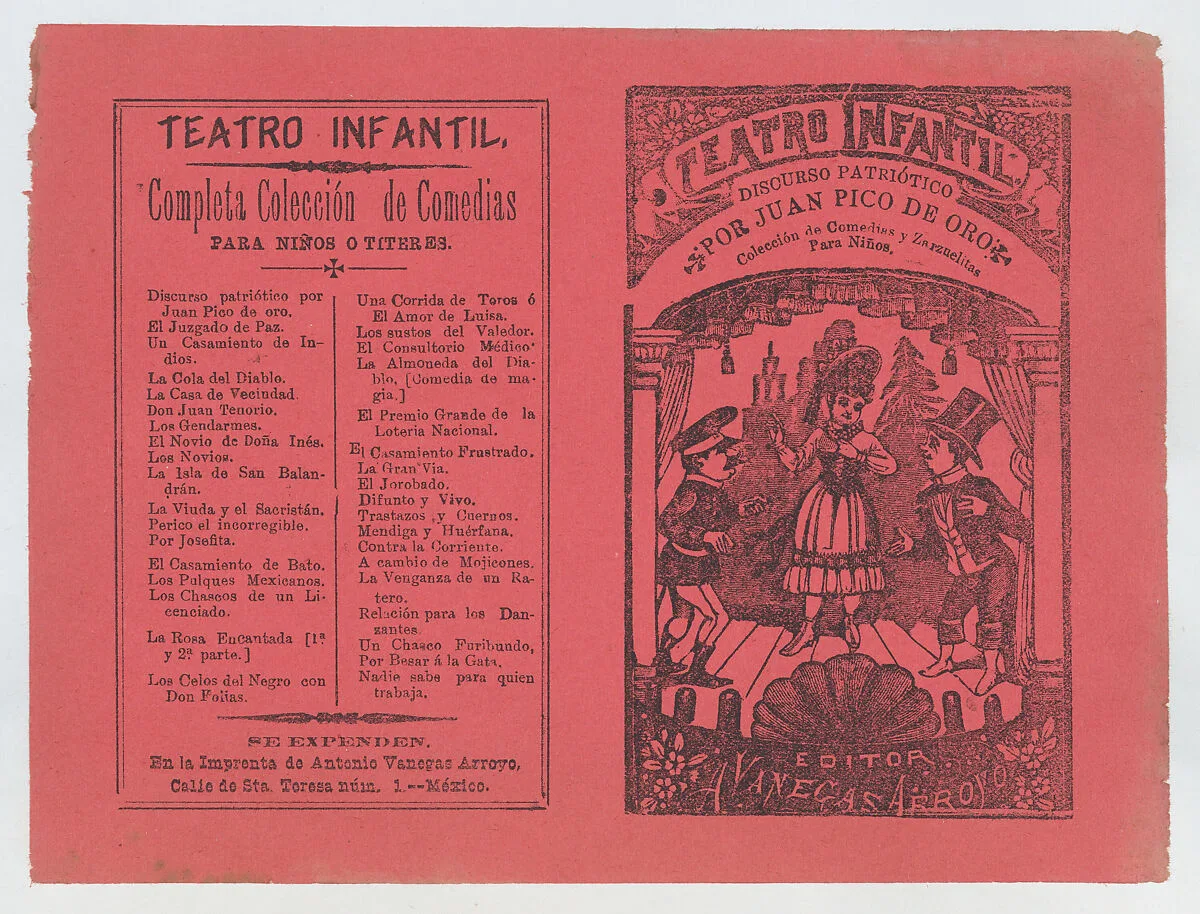 Cover for 'Coleccion de Comedias y Zarzuelitas para Niños', woman on stage flanked by two men — Antonio Vanegas Arroyo|José Guadalupe Posada