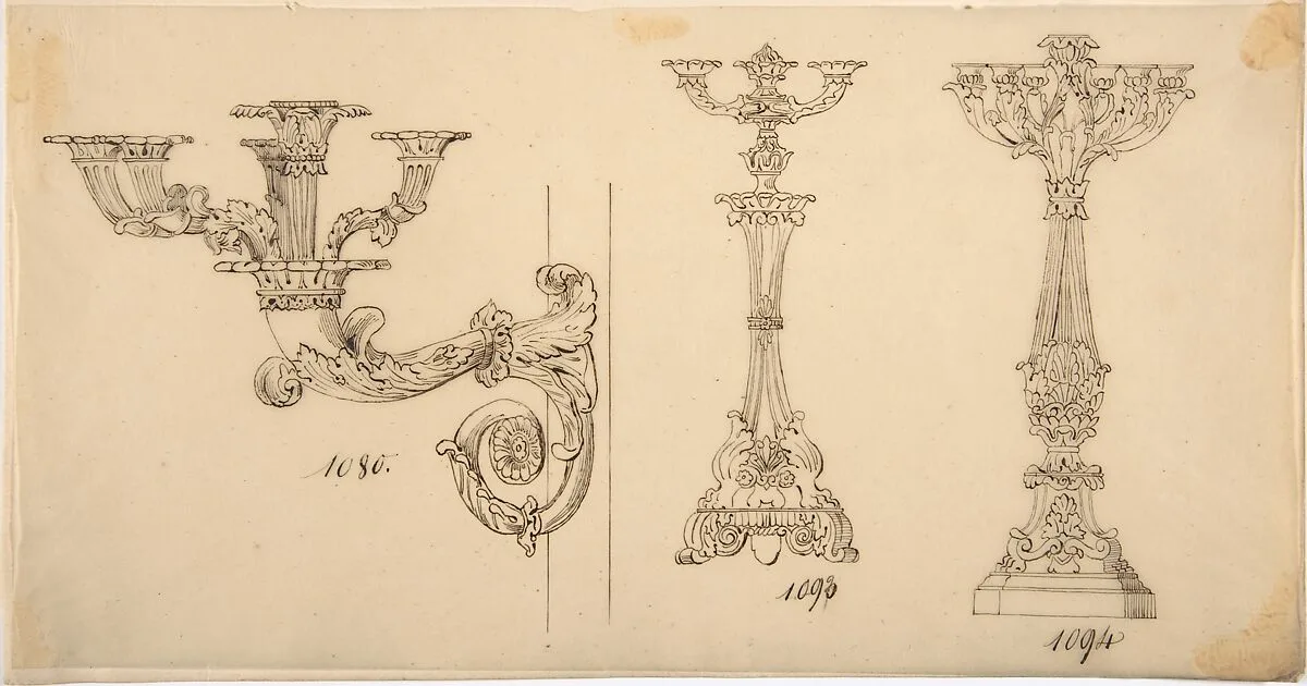 Design for a Sconce and Two Candelabras — Anonymous, French, 19th century