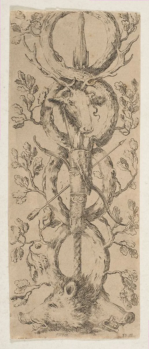 Heads of a Stag and Two Boars in Rinceaux of Oak Branches — Stefano della Bella