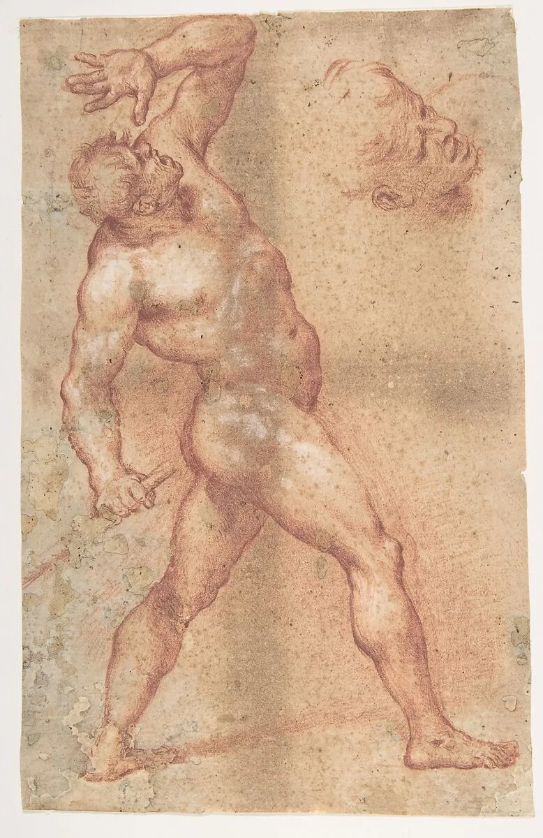 Male Nude with Left Arm Upraised, and a Further Study of His Head — Aniello Falcone