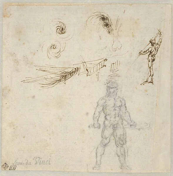 Studies for Hercules Holding a Club Seen in Frontal View, Male Nude Unsheathing a Sword, and the Movements of Water (Recto); Study for Hercules Holding a Club Seen in Rear View (Verso) — Leonardo da Vinci