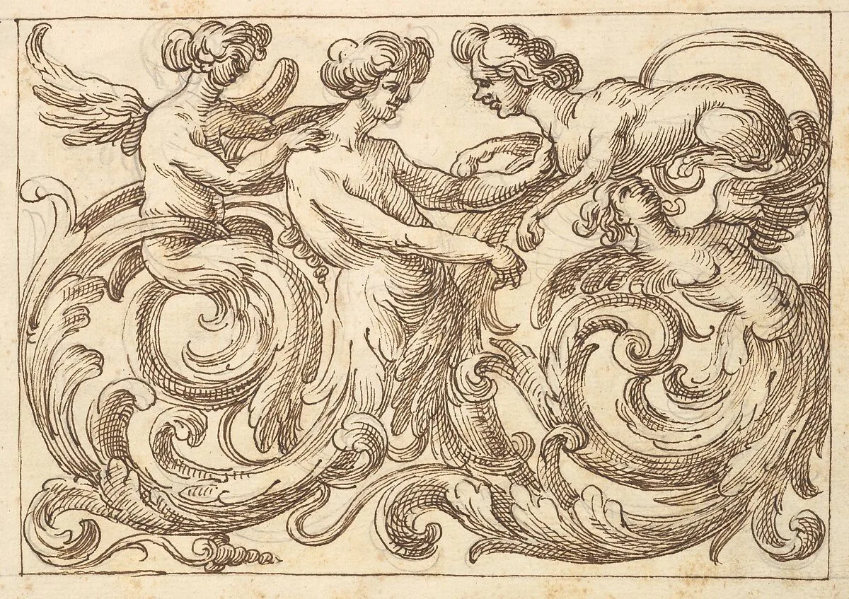 Horizontal Panel Design with a Three Androgynous Figures and a Sphinx Combined with Acanthus Rinceaux — Polifilo Giancarli|Anonymous, Italian, Venetian, 17th century