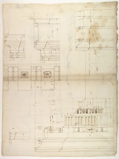 St Peter's, entablature profile; reflected ceiling details of the cornice, and profiles of column bases and pedestals (recto)St. Peter's, section through drum of model and entablature of upper story (verso)