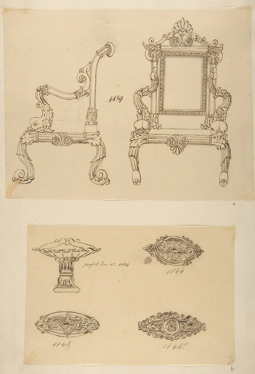 Design for a Chair and Three Designs for Ceiling Molding — Anonymous, French, 19th century