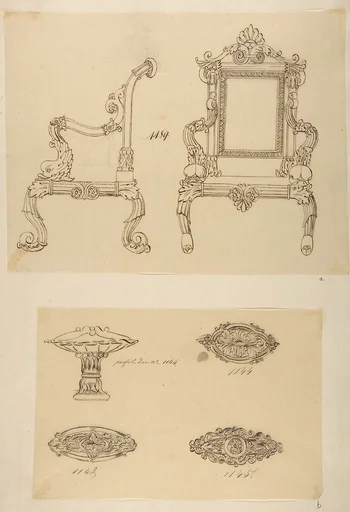 Design for a Chair and Three Designs for Ceiling Molding