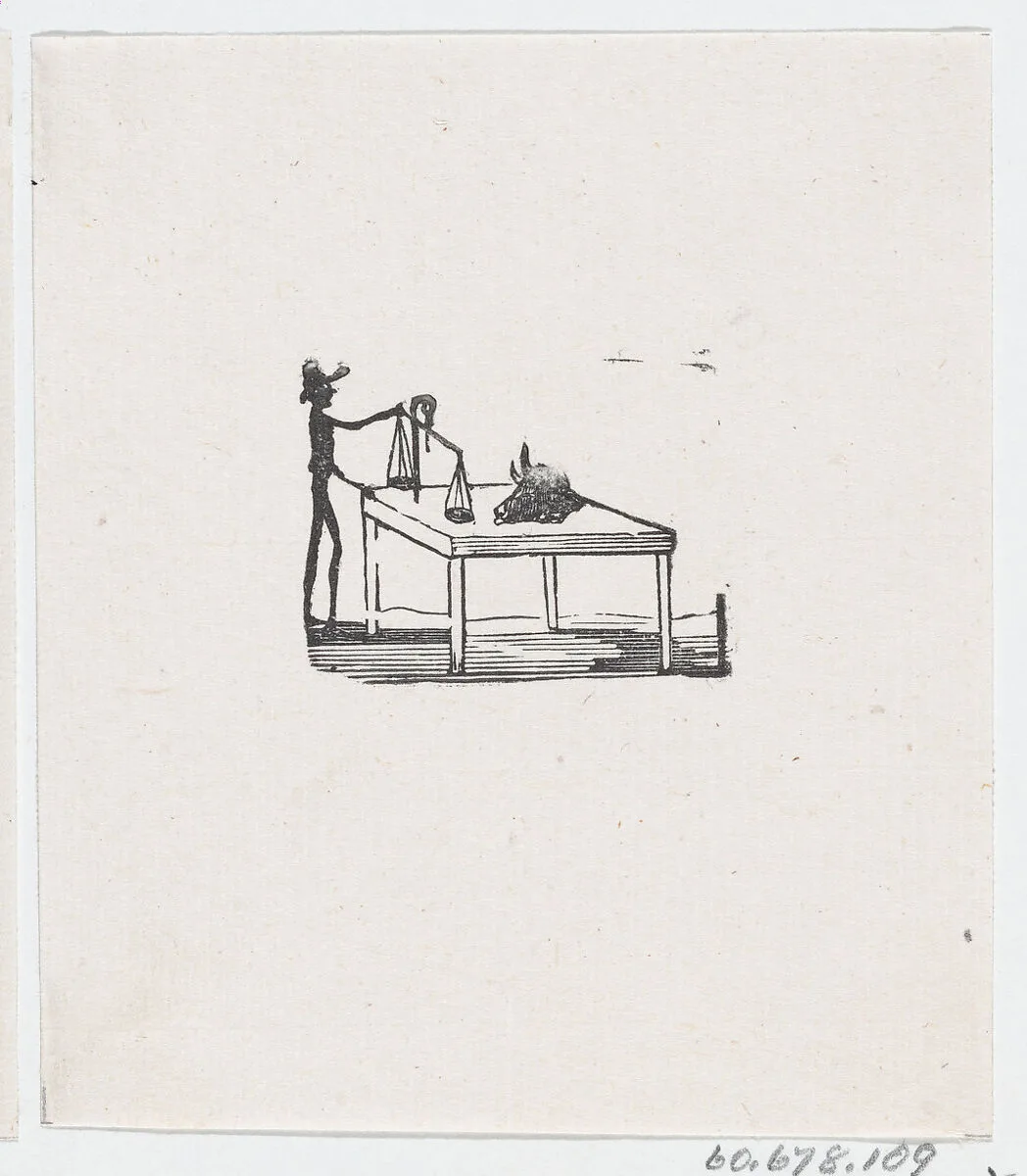 A man standing at a table with a balance beam and a cow's skull — José Guadalupe Posada|José Sanchez