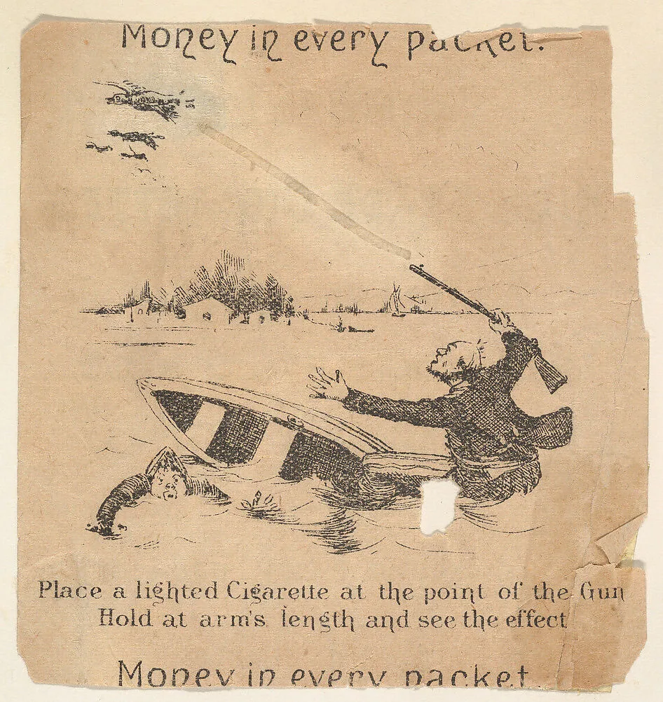 Man with rifle in row boat, from the Comic Powder Novelties series (N200) issued by Wm. S. Kimball & Co. — William S. Kimball & Company