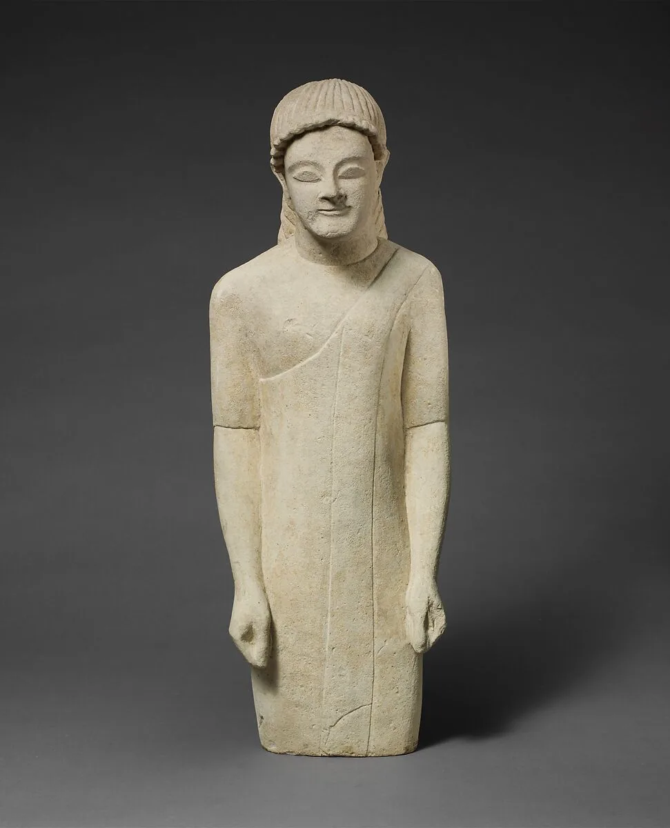 Limestone statuette of a beardless male votary in Greek dress — Unknown