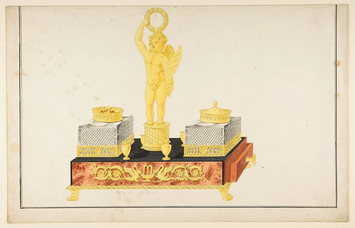 Design for a Pen and Ink Stand with a Cupid and Two Ink Wells — Anonymous, French, 19th century