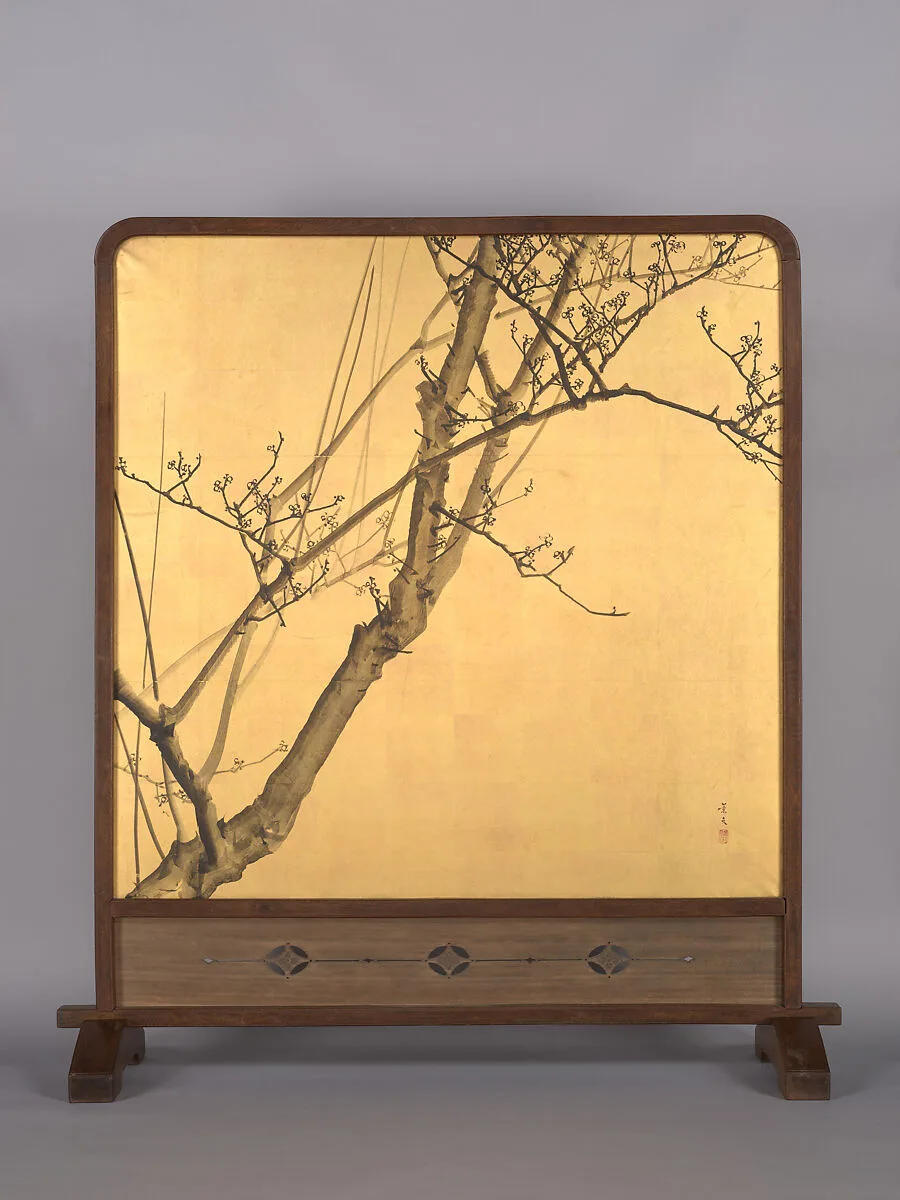 松村景文筆 頼山陽書 梅図衝立屏風|Plum Blossoms — Matsumura Keibun 松村景文|Rai San’yō 頼山陽