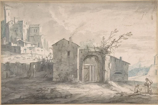 A landscape with a farm house and two figures, a fortified village seen beyond