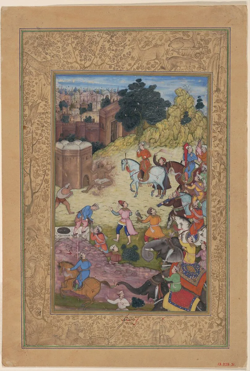 "A Bathhouse Keeper is Consumed by Passion for his Beloved", Folio from a Khamsa (Quintet) of Amir Khusrau Dihlavi — Amir Khusrau Dihlavi|Nar Singh