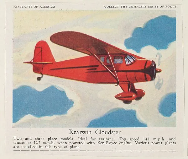 Rearwin Cloudster, collector card from the Airplanes of America series (D2), issued by the Kelley Baking Company to promote Kelley's Bread — Kelley Baking Company