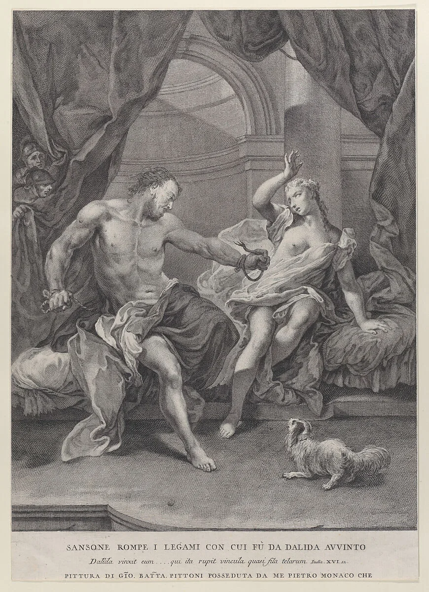 Samson and Delilah seated on a bed, Samson tearing apart the ropes binding his hands as soldiers look on from behind a curtain; from the series of 112 prints of the sacred history, after the painting by Giovanni Battista Pittoni — Pietro Monaco|Pietro Monaco|Giovanni Battista Pittoni