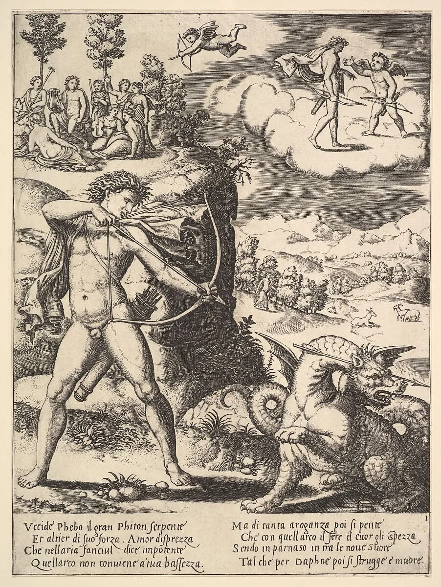 Apollo standing at left shooting a python with an arrow, above to the left are the muses and at right on a cloud Cupid approaching Apollo, from "Story of Apollo and Daphne" — Master of the Die|Baldassare Tommaso Peruzzi
