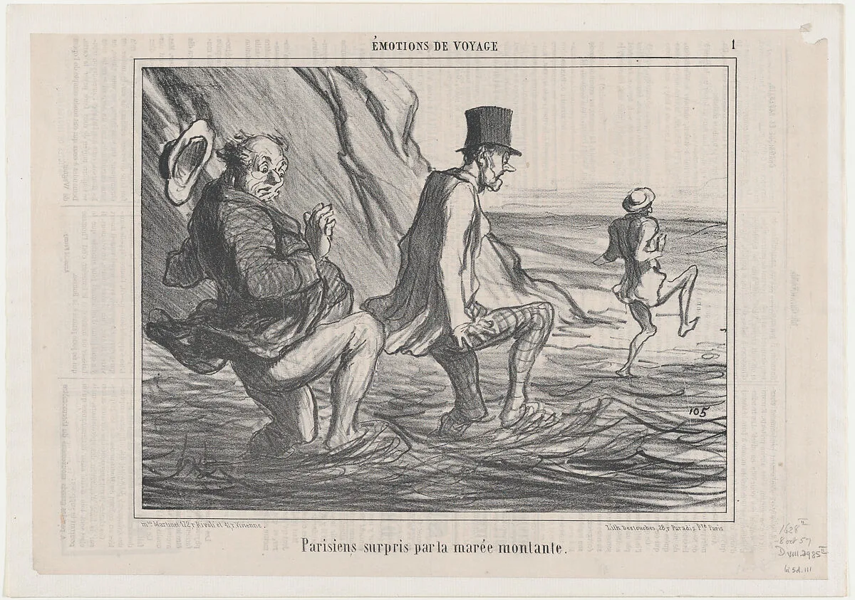 Parisiens surpris par la marée montante, from Émotions de Voyage, published in Le Charivari, October 8, 1857 — Aaron Martinet|Honoré Daumier|Destouches