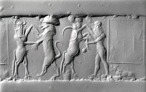 Cylinder seal and modern impression: heroes wrestling rampant animals — Unknown