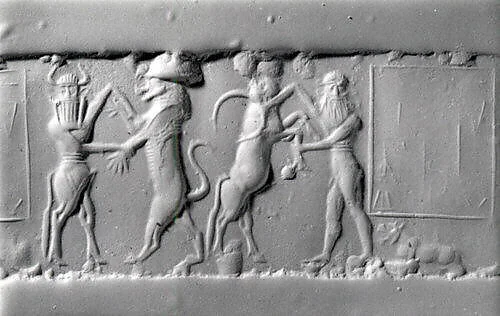 Cylinder seal and modern impression: heroes wrestling rampant animals
