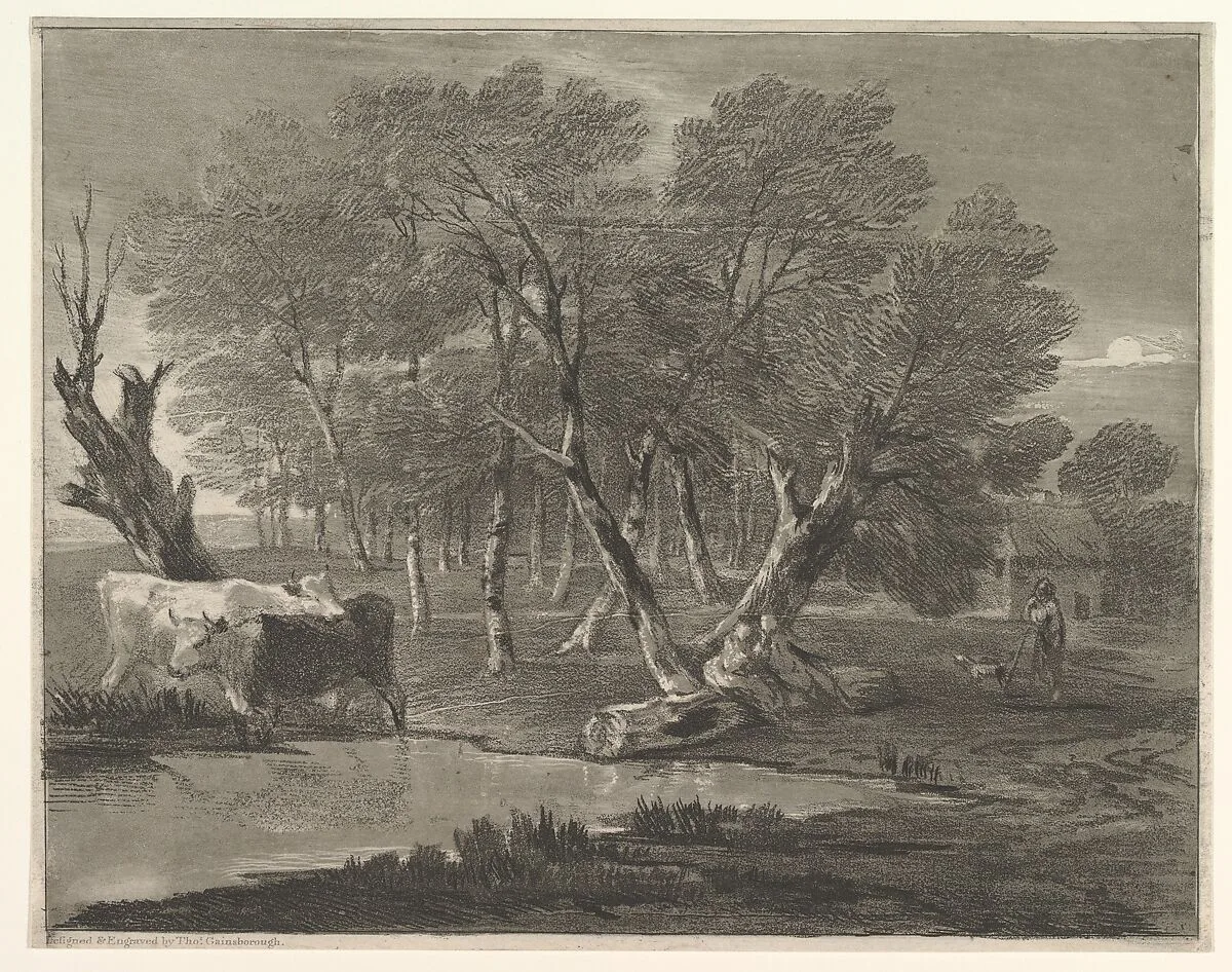 Wooded Landscape with Cows beside a Pool, Figures and Cottage — Thomas Gainsborough